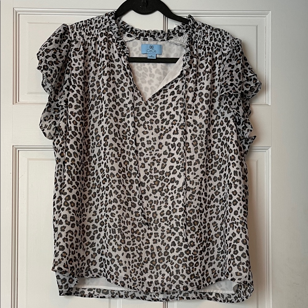 CeCe Leopard Print Ruffle Sleeve Tie-Neck Blouse